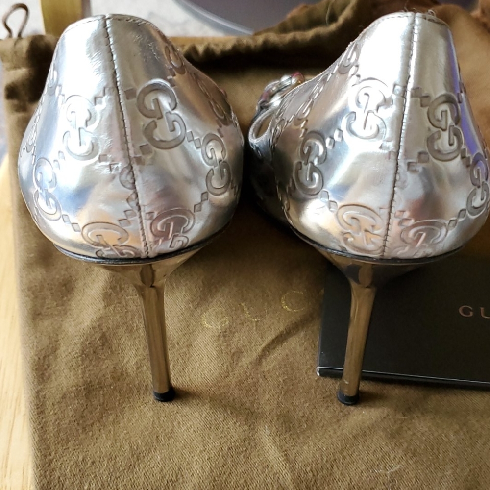 Gucci Silver GG Leather Shiny 4 inch Hill Open Toe - Picture 16 of 16
